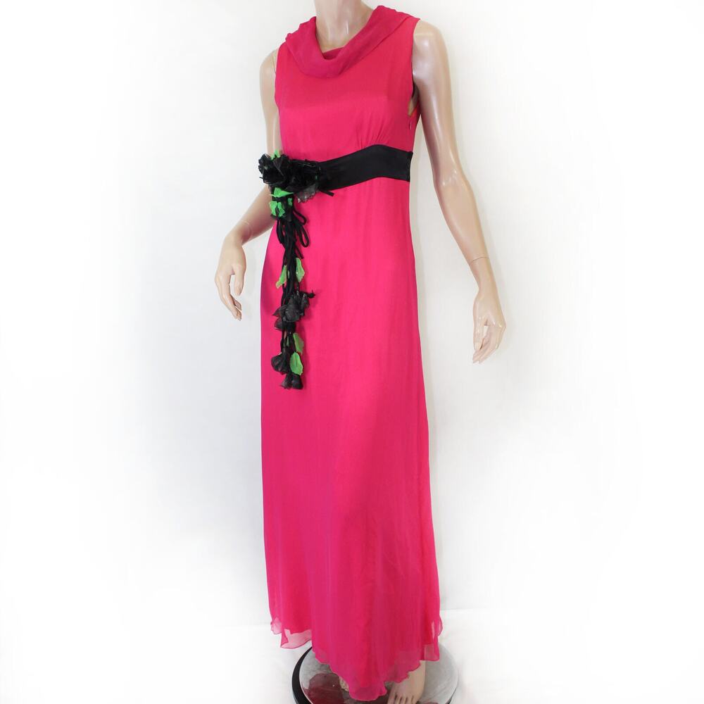 Taka Boutique Silk Pink with Black Flower Brooch Cowl Neck Maxi Dress Small Y2K
